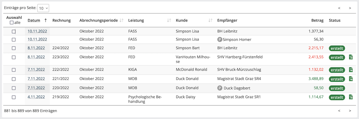 jobstaGO Übersichtsliste von Rechnungen